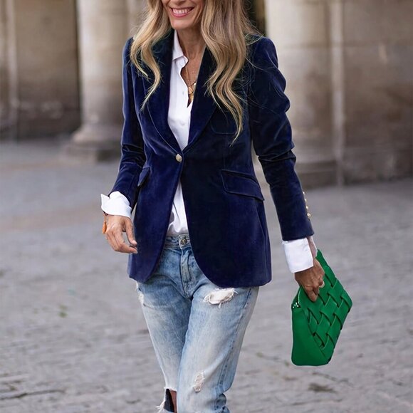 Navy Blue Elegant Women's Premium Velvet Blazer jacket - Picture 4 of 5